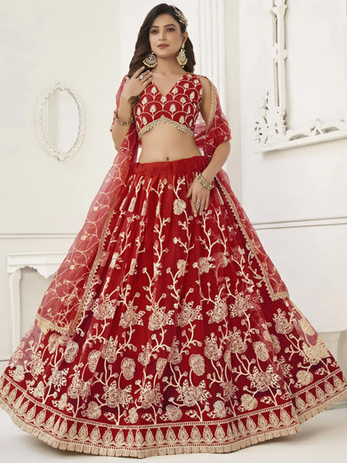 Amazing Red Sequins Net Reception Wear Lehenga Choli With Dupatta
